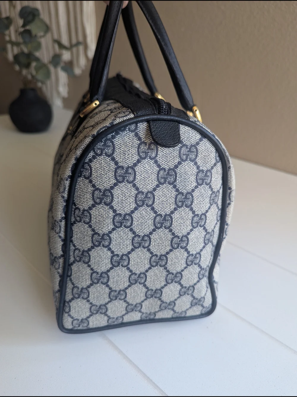 vintage 1980s Gucci Accessory Collection Navy GG Supreme Boston Bag.